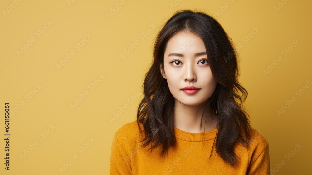 Young Asian woman posing in front of yellow background Young Asian woman posing in front of yellow background