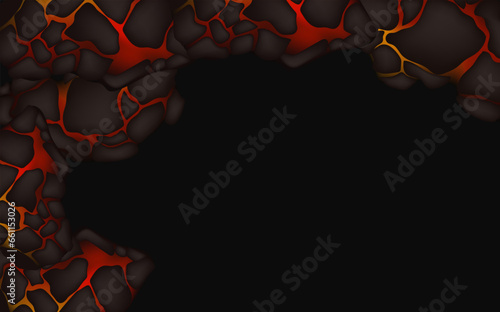 Stylized abstract background of volcano magma glow texture in cracking holes.Destroyed earth surface and flowing lava.Shine texture after an earthquake.
