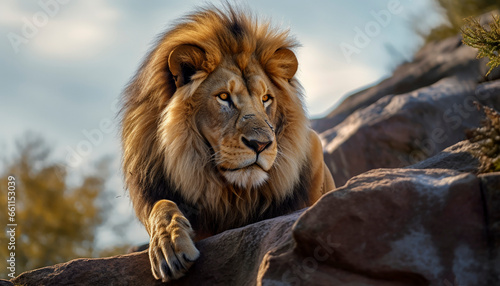 majestic lion looking into his territory