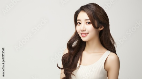 Young Asian woman posing in front of gray background
