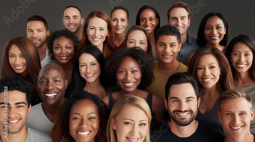 Diverse image: A captivating collage of hundreds of multiracial individuals, smiling and gazing at the camera, exemplifying the beauty of multicultural society and inclusivity photo