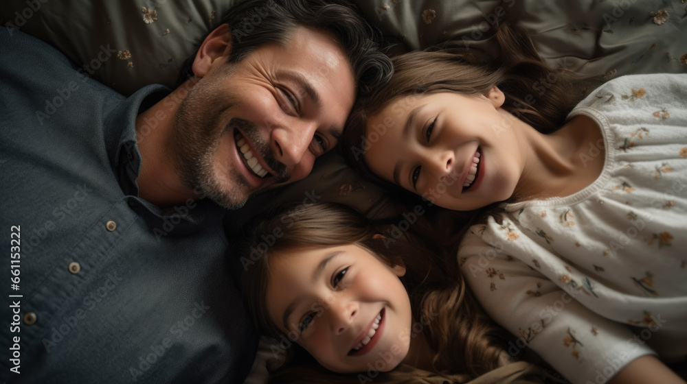 Top shot happy family lying on the bed Top shot happy family lying on the bed