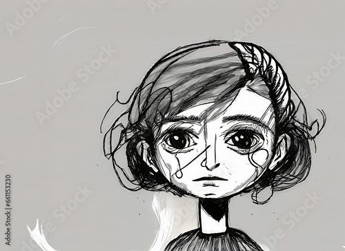 Mental healt issues concept: ink drawed face of a sad girl
