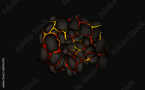 Stylized abstract background of volcano magma glow texture in cracking holes.Destroyed earth surface and flowing lava.Shine texture after an earthquake.