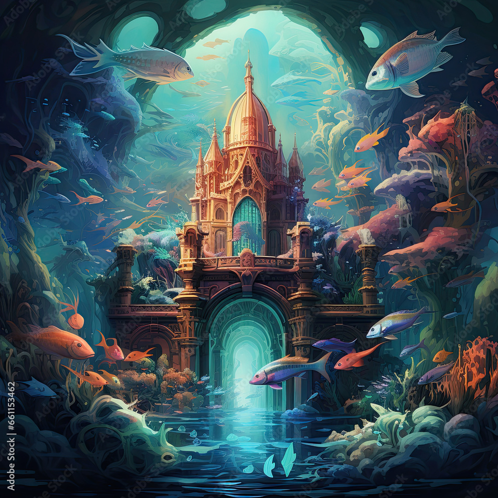 Fantasy Underwater Kingdom with Humanized Fish Illustration - obrazy, fototapety, plakaty 