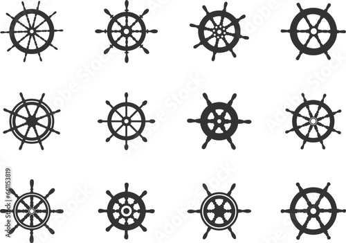 Ship wheel silhouettes, Ship wheels vector, Ship wheel icon set, Ship steering silhouette, Ship wheels svg