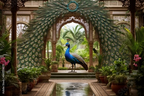 Entryway to a serene garden in a classical Indian temple adorned with a beautiful peacock. Generative AI