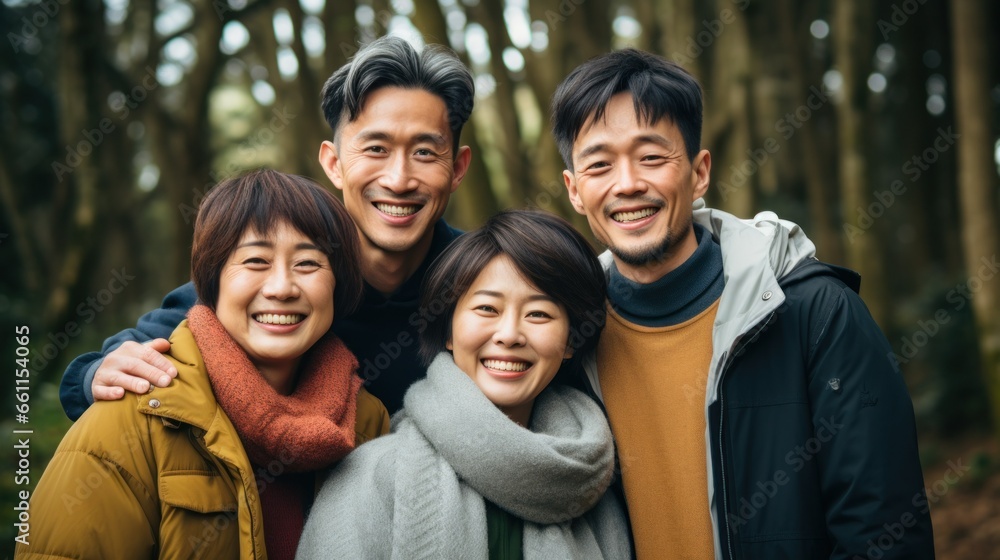 Asian middle-aged family poses happily