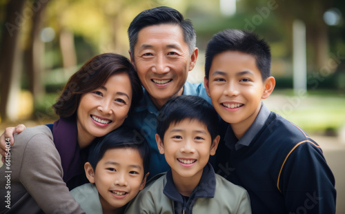 Happy pose of an Asian family in the park among the greenery