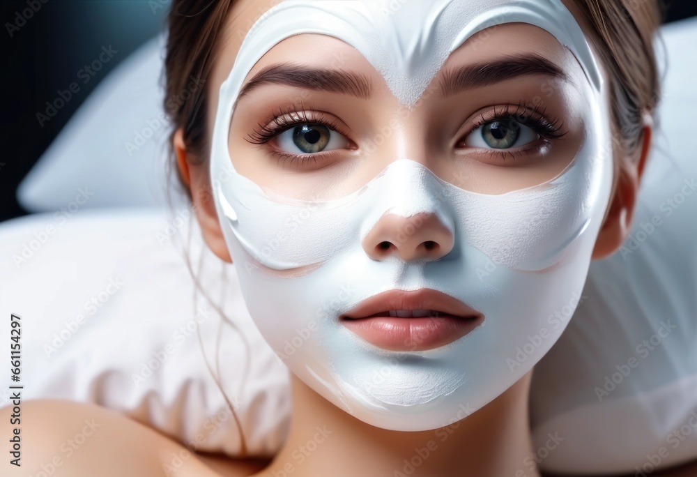 Close up portrait of beautiful young woman lying on bed with white cosmetic rejuvenating mask applied to skin of her face. Pretty brown hairs girl in white robe does spa treatments in beauty salon