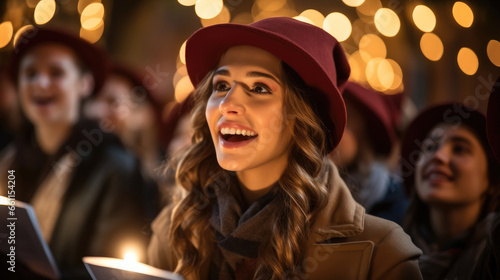 A heartwarming moment of carolers singing Christmas songs under the glow of streetlights in a suburban. © visoot