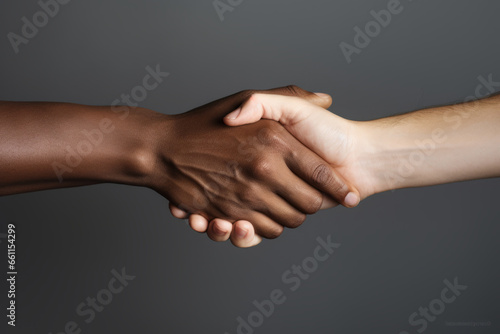 Black and caucasian hands holding each other in tolerance and anti racism concept. Generative AI photo