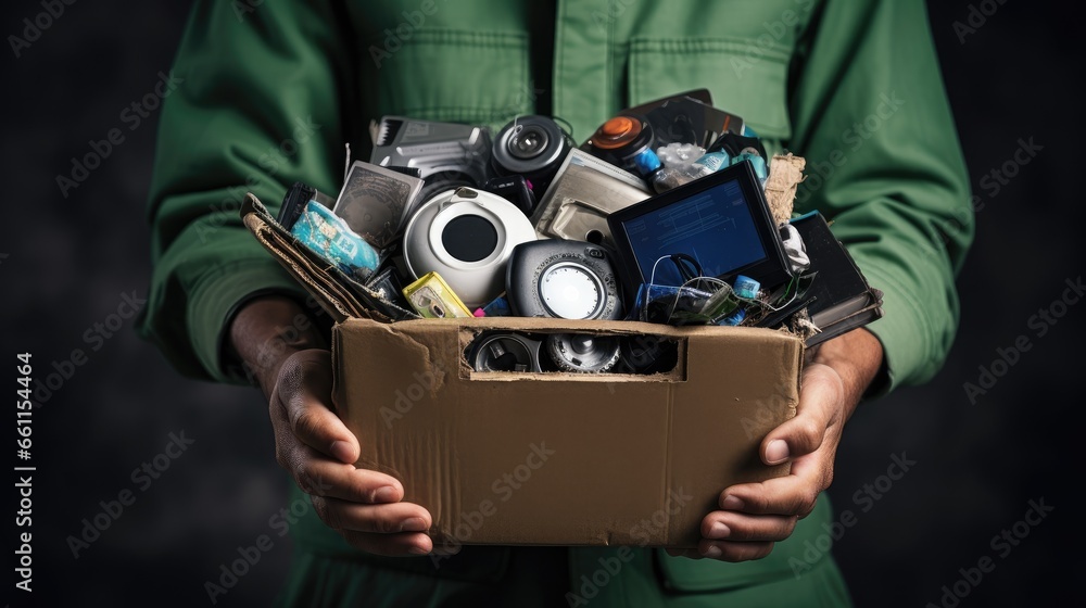Environmental image: Woman's hands cradle a cardboard box brimming with old electronic devices, promoting e-waste recycling and sustainability Environmental image: Woman's hands cradle a cardboard box brimming with old electronic devices, promoting e-waste recycling and sustainability