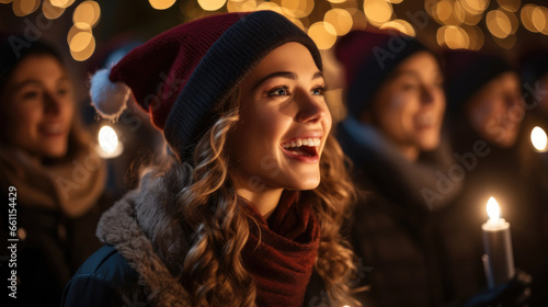 Carolers singing Christmas songs under the glow of city streetlights. © visoot
