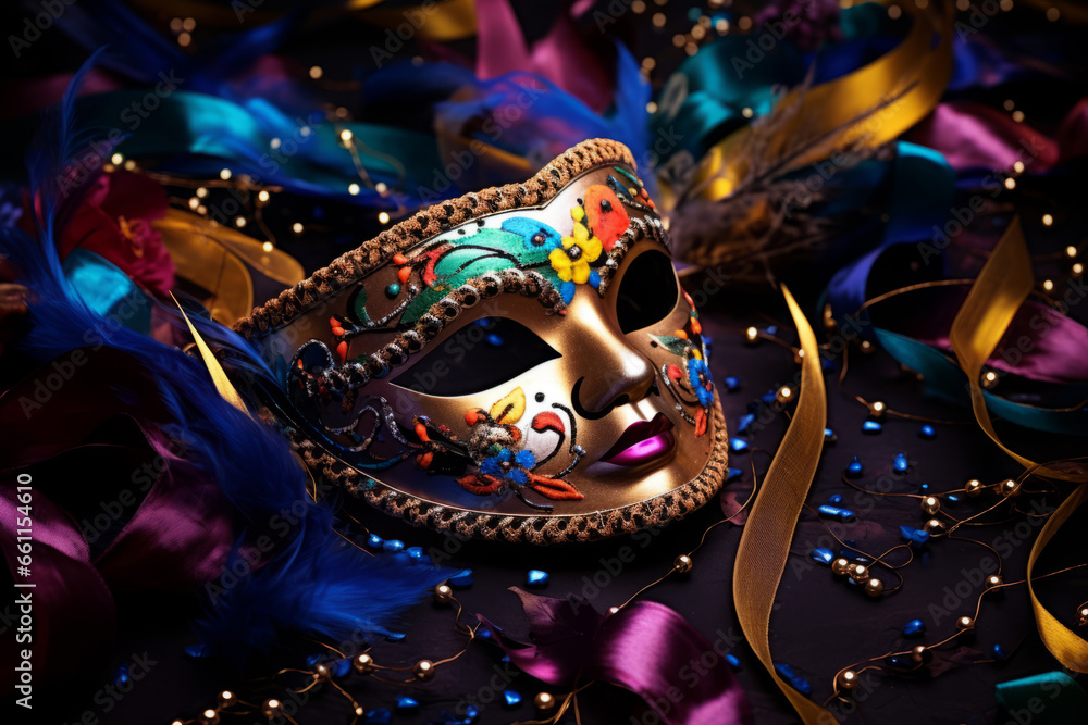 Carnival mask. Streamers and confetti on colorful background. Carnival masquerade fantasy costume ball. Generative AI