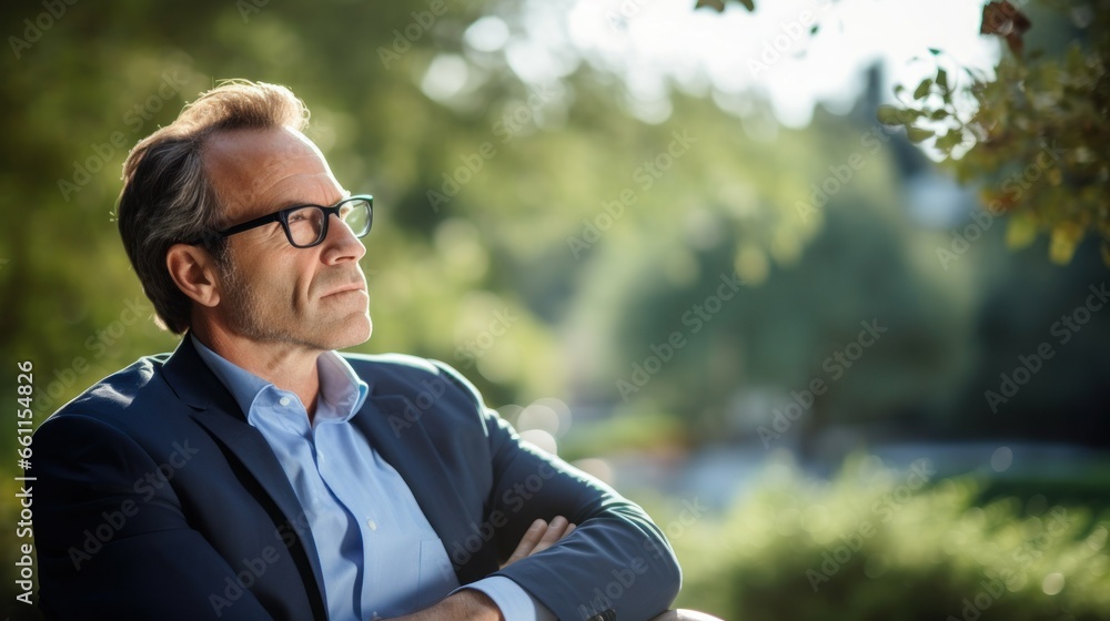 Businessman sitting in the park, unhappy and thoughtful Businessman sitting in the park, unhappy and thoughtful
