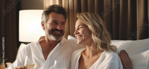 Middle-aged couple reading and smiling in bed