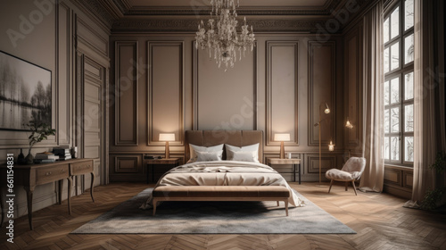 Bedroom with wood floors and a chandelier.