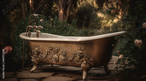 Ornate bathtub sitting in the middle of a garden. photo