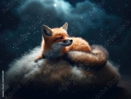 Fox sitting on a cloud in the night sky. © Tamazina