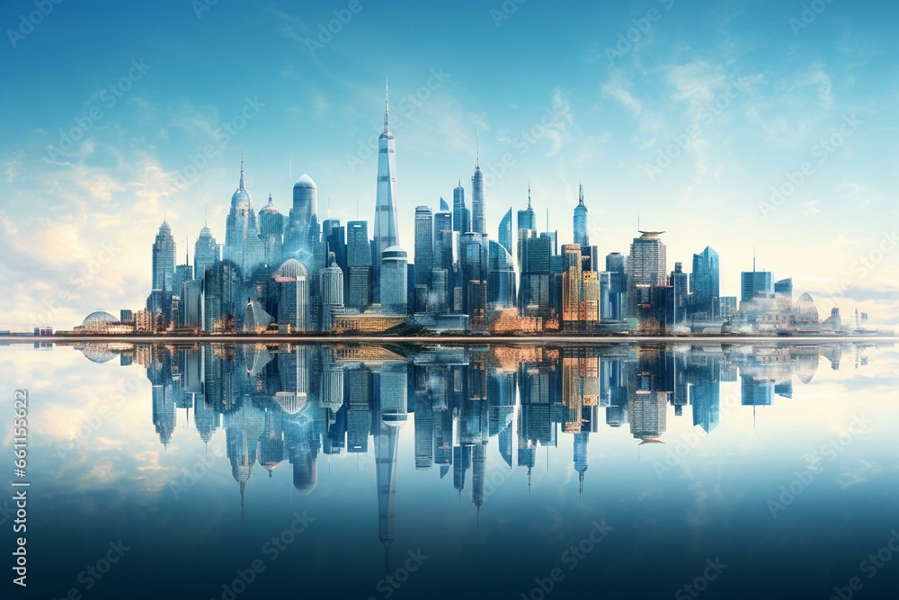 City skyline with landmarks reflecting on the sea. Generative AI