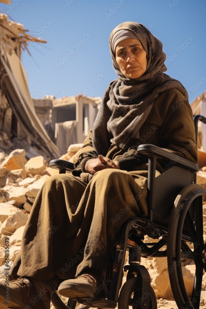 Elderly Arab woman wearing a hijab sitting in wheelchair at front of a demolished building in war zone, Sad.