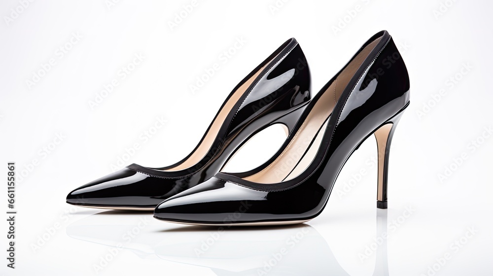 a pair of black leather high heel shoes with a timeless design, against a clean white background to emphasize their classic elegance. a pair of black leather high heel shoes with a timeless design, against a clean white background to emphasize their classic elegance.