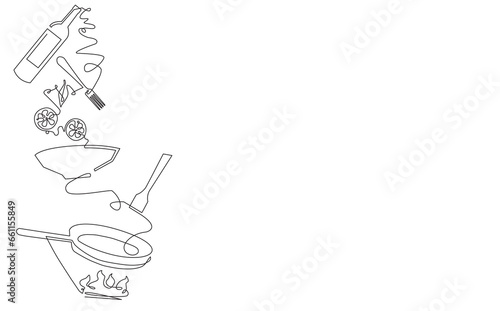 Cooking process at background. Meal preparation with food ingredients and utensils. Vector illustration.