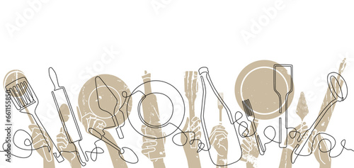 Cooking  Pattern.Cutlery Background. One Line Drawing of Isolated Kitchen Utensils. Restaurant Design Poster. Vector illustration.