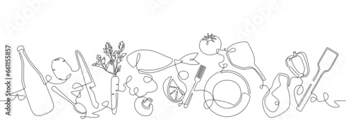 Obraz Cooking process at background. Meal preparation from food ingredients. Vector illustration.