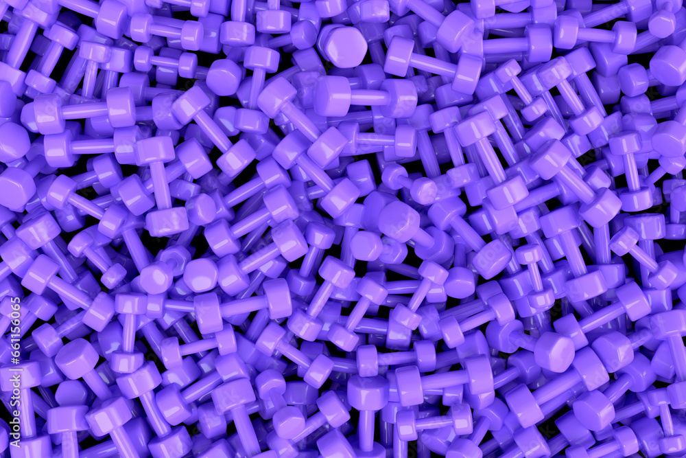 Pile of sport equipment sport like rubber dumbbell, barbell on violet background Pile of sport equipment sport like rubber dumbbell, barbell on violet background