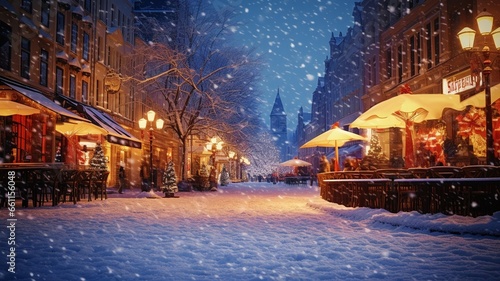 Christmas background, city street winter, card, greetings with restaurant