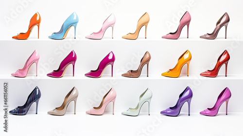 several women's high heel shoes in various sizes and designs, against a white background to evoke the idea of a diverse shoe collection. photo