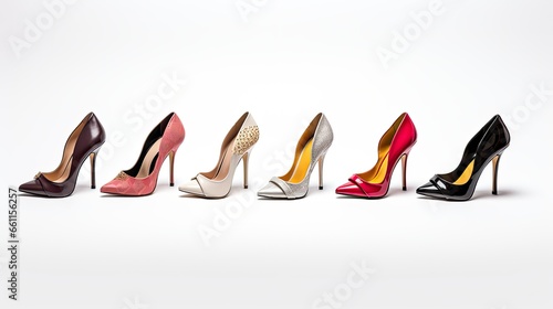 several women's high heel shoes in various sizes and designs, against a white background to evoke the idea of a diverse shoe collection.