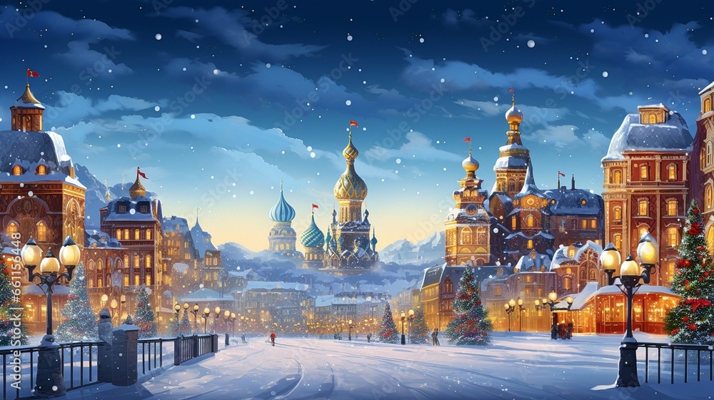 Christmas background, city, russian place styl under snow