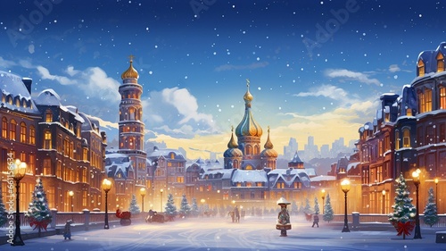 Christmas background, city, russian place styl under snow, kremlin