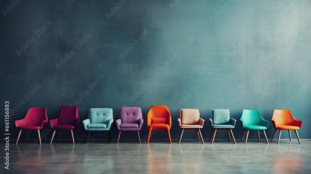 modern design of chairs in various colors artfully arranged in front of a gradient gray wall. This composition highlights the chairs' aesthetic appeal and their potential to enhance interior spaces. - obrazy, fototapety, plakaty 