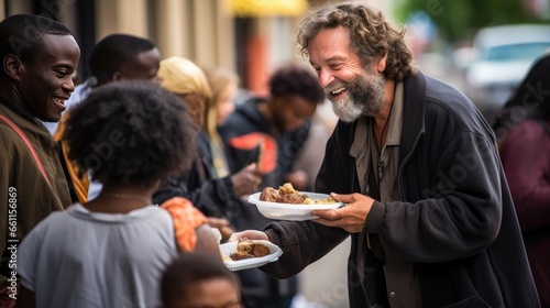 Heartwarming image: Volunteers distribute food to homeless individuals in need, addressing hunger and homelessness with compassion and action