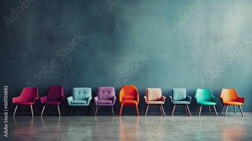 modern design of chairs in various colors artfully arranged in front of a gradient gray wall. This composition highlights the chairs' aesthetic appeal and their potential to enhance interior spaces. photo