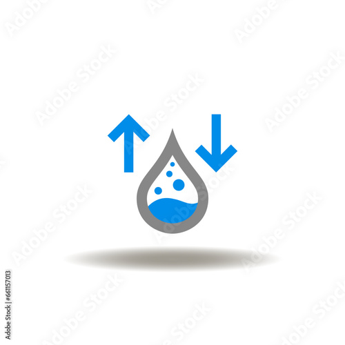 Vector illustration of drop blood with arrow up and down. Icon of cholesterol high or low level testing. Symbol of control of cholesterol level.