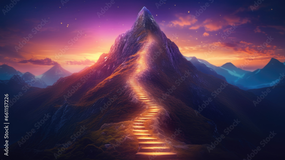 A 3D rendering of the 'Path to Success' concept, featuring a golden, radiant light path ascending a majestic mountain against a luminous sky backdrop