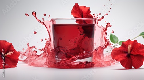 a glass cup filled with deep red Hibiscus tea, accompanied by a fresh hibiscus flower and a scattering of dried hibiscus petals on a pristine white surface, emphasizing the tea's vivid color photo