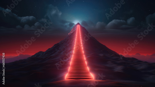 A 3D rendering of a 'Path to Success' concept, featuring a glowing light path ascending a vibrant red mountain under a luminous sky