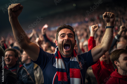 French fan, Celebrating the success. Supporters cheer in bleacher in French rugby match 2023.