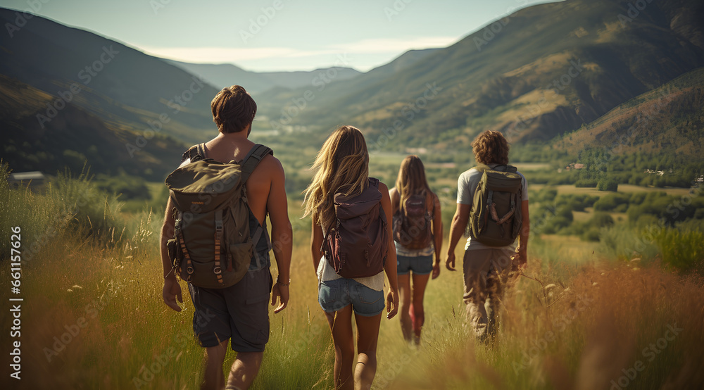 a candid photo of a family and friends hiking together in the mountains in the vacation trip week. sweaty walking in the beautiful american nature. fields and hills with grass. - obrazy, fototapety, plakaty 