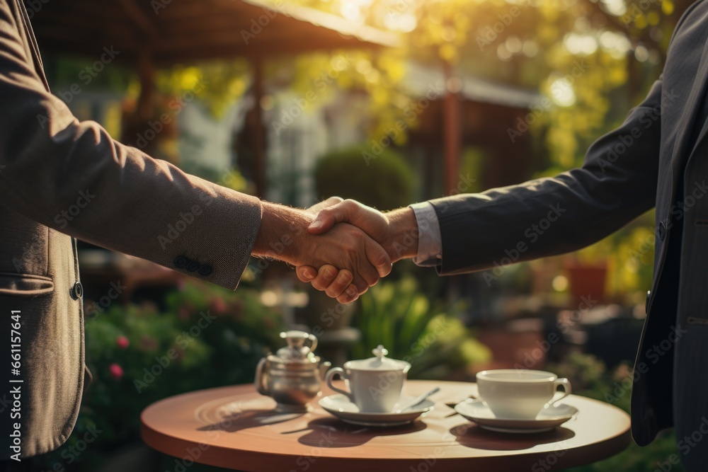 Two individuals shaking hands during the sale of a house, with the house in the background Two individuals shaking hands during the sale of a house, with the house in the background