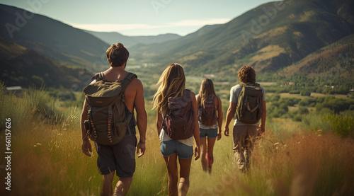 a candid photo of a family and friends hiking together in the mountains in the vacation trip week. sweaty walking in the beautiful american nature. fields and hills with grass.