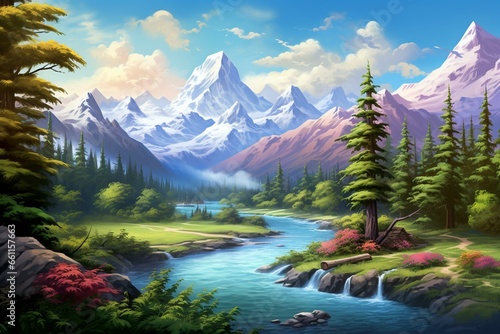 Vibrant river scene with towering mountains, winding river, lush forest, and sunny sky. Generative AI