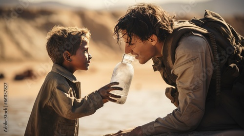 Captivating image: A little ethnic boy sips fresh water near a brave military man in a desert refugee camp. Capture the essence of humanitarian cooperation