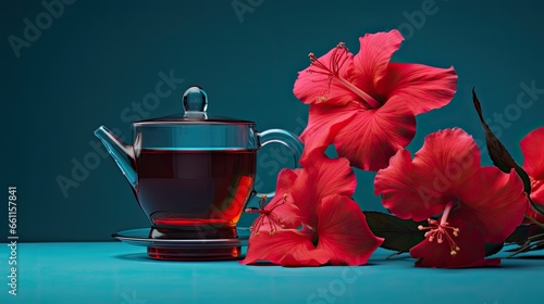 a glass cup filled with vibrant red Hibiscus tea, a matching teapot, and a single fresh hibiscus flower, all set against a solid, contrasting background.